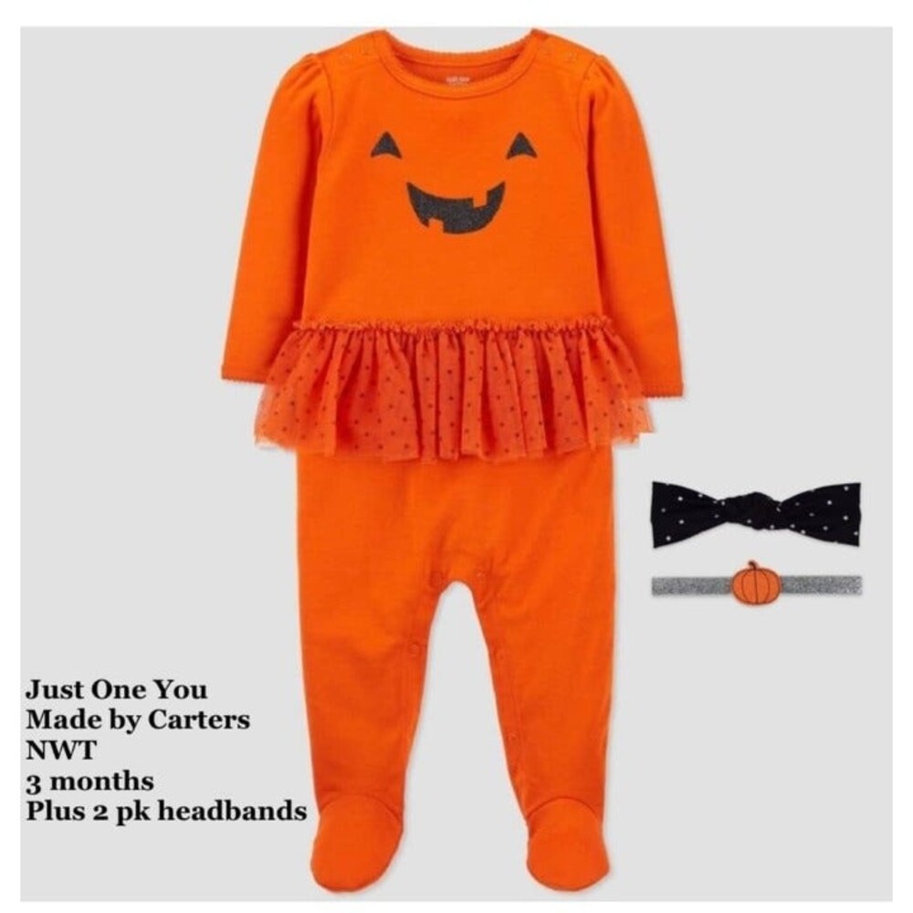 Size 3 months Halloween Carter's Pumpkin Skirted Sleeper PLUS 2‎ pack headbands